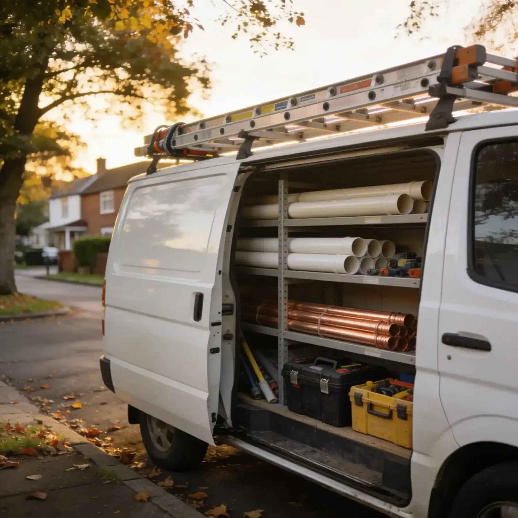 A white van parked on a leafy street, its side door open on racks of PVC and copper pipe, a ladder on the roof