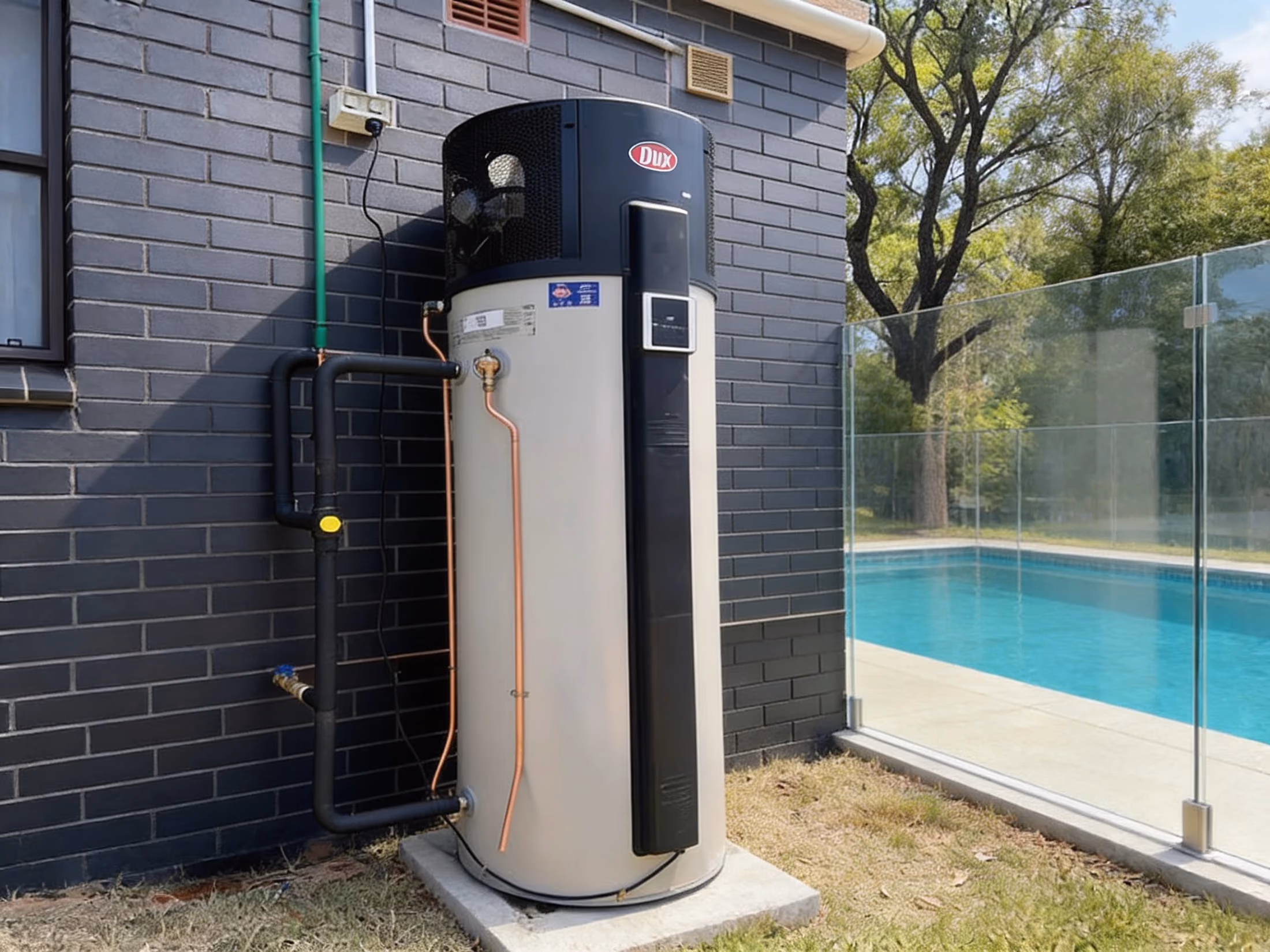 A heat pump hot water system on a concrete slab against a dark brick wall, a fenced pool behind