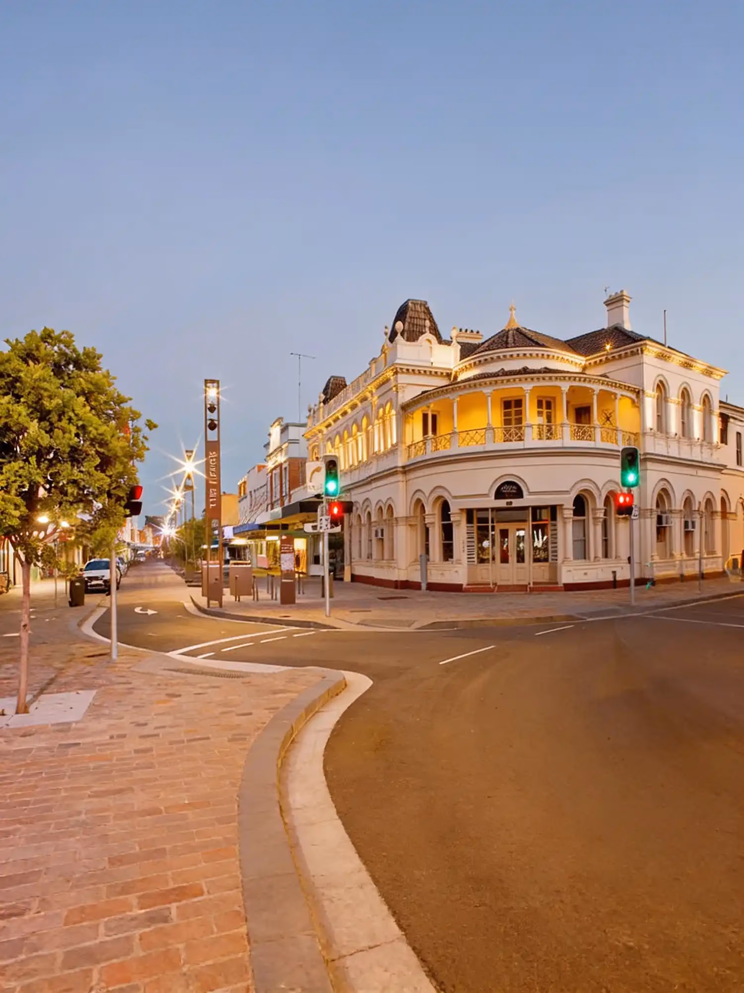 Heritage buildings on the corner of High Street, Maitland, lit up at dusk