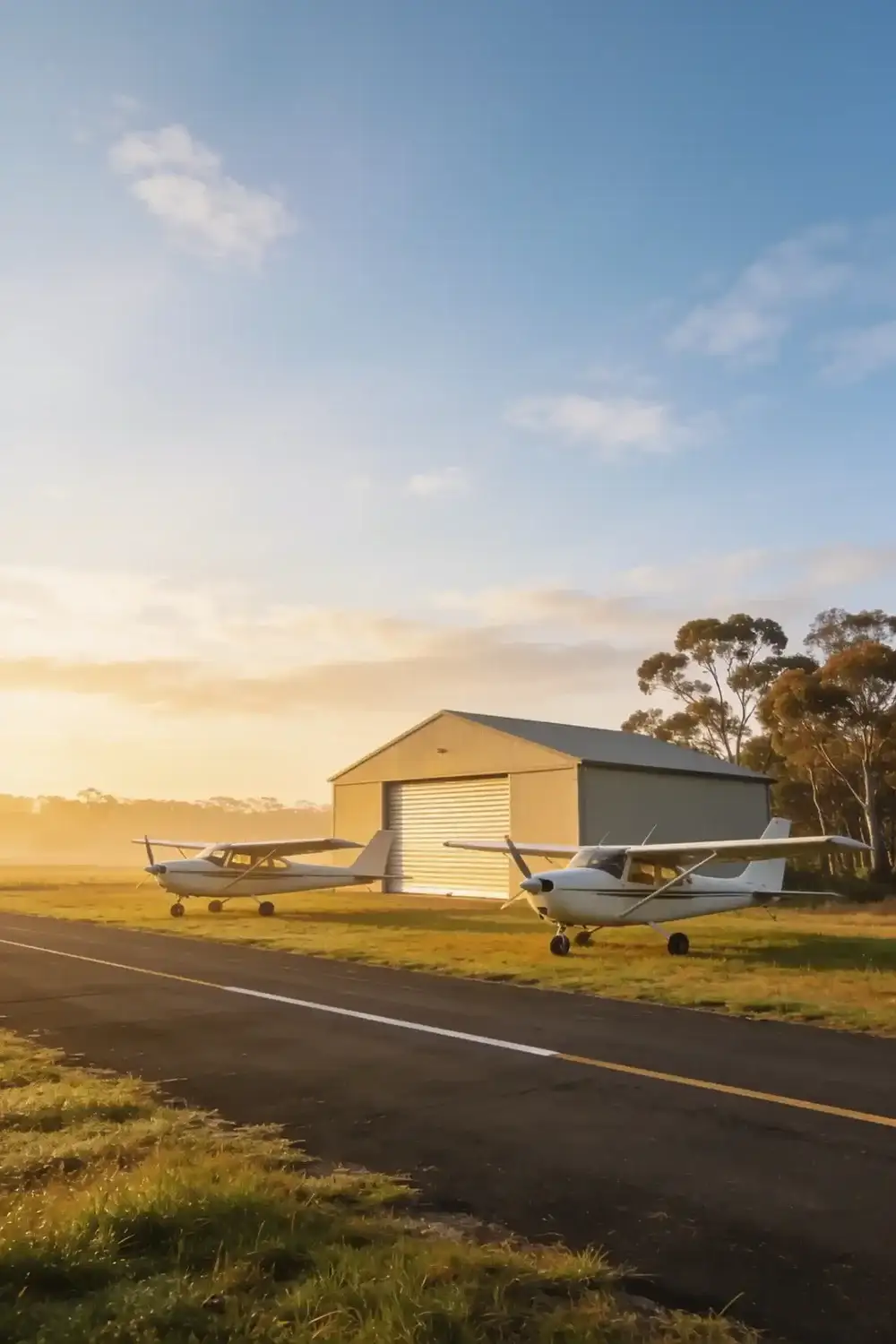 Two light aircraft parked on the grass beside a hangar and a runway at a country airfield at sunrise