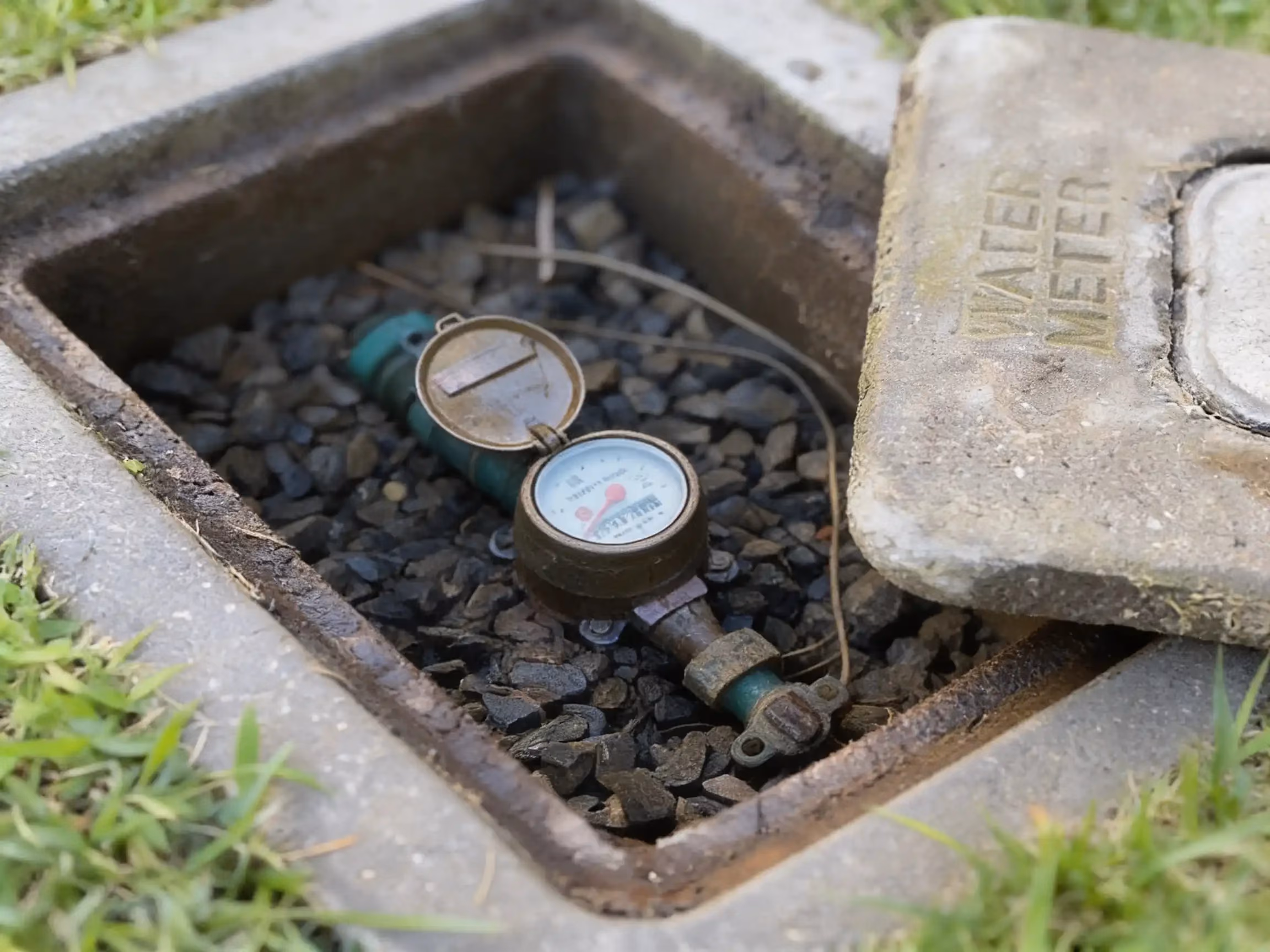 Two water meters in an open concrete meter box set into the lawn